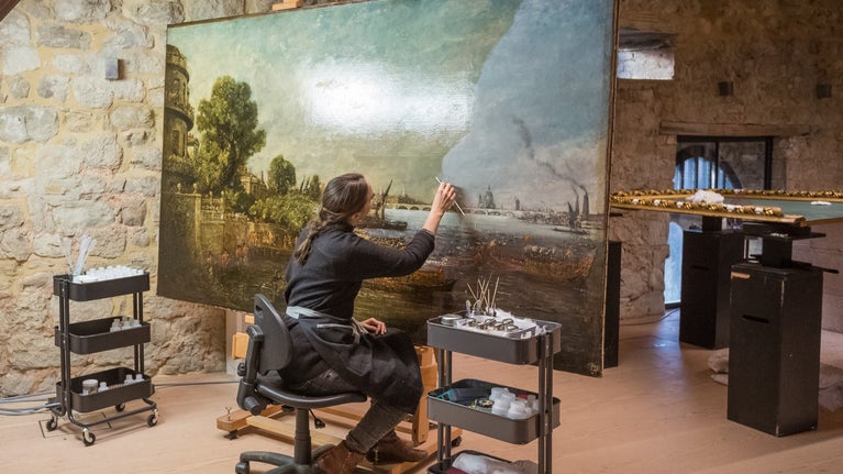 Conservation cleaning of THE OPENING OF WATERLOO BRIDGE, 18 JUNE 1817 by John Constable, from Anglesey Abbey, Cambridgeshire.